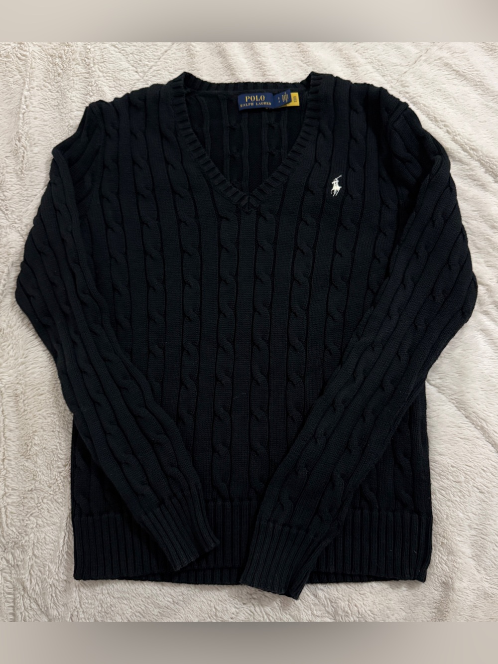 Ralph Lauren Black Cable-Knit V-Neck Sweater (S)